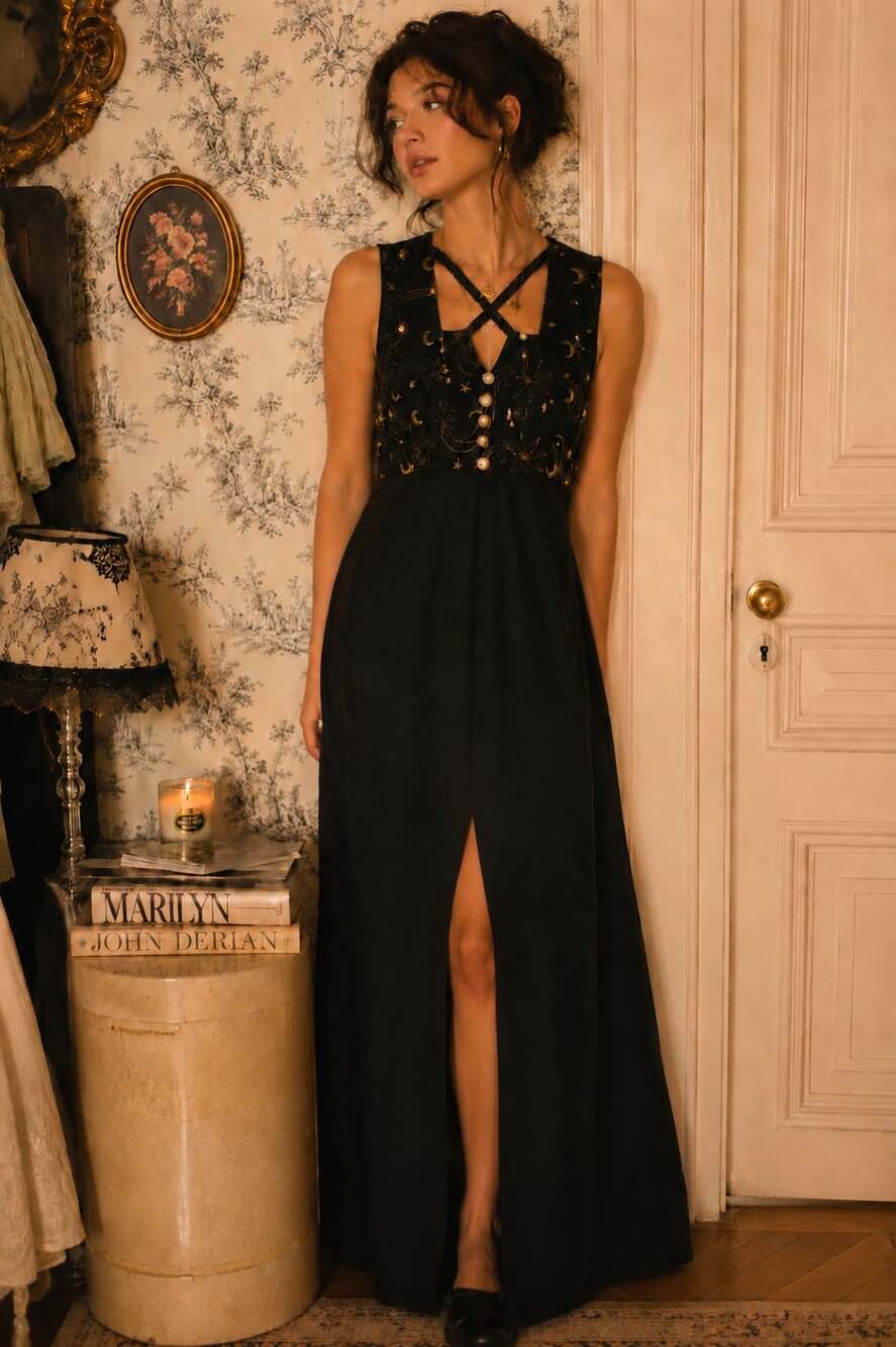 D.F. Summers Celestial Embroidered Maxi Dress – Vintage 90s Y2K Whimsigoth
